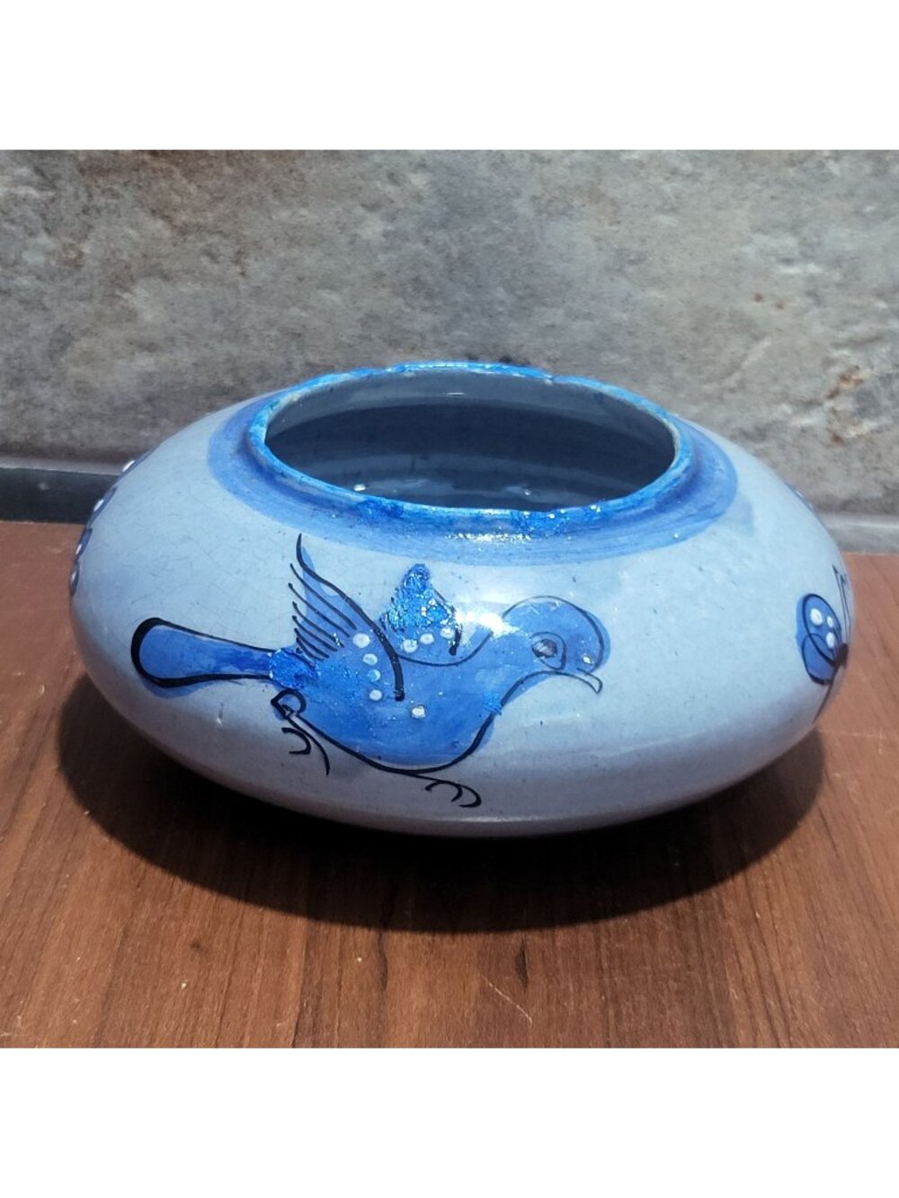 Signed Mexican Tonala Art Pottery Round Planter Vase Bluebird Folk Art